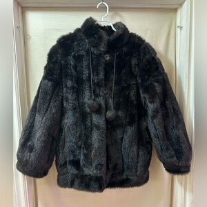 Marvin Richards Black Faux Fur Hooded Jacket w/ Pom Pom Ties – Women’s M